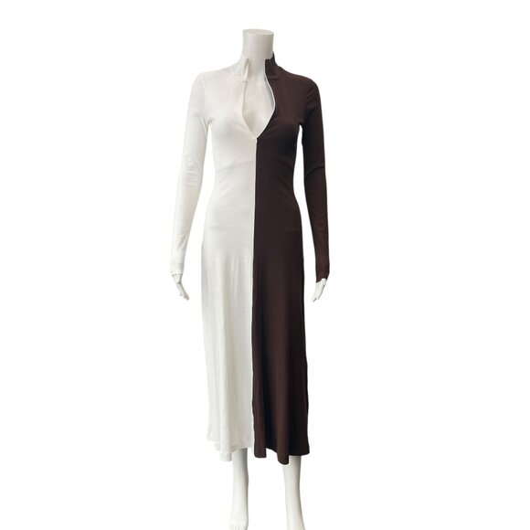 $750 NWT Rosettta Getty Brown White Two-Tone Colorblock Cotton Midi Dress sz XS - Picture 2 of 11